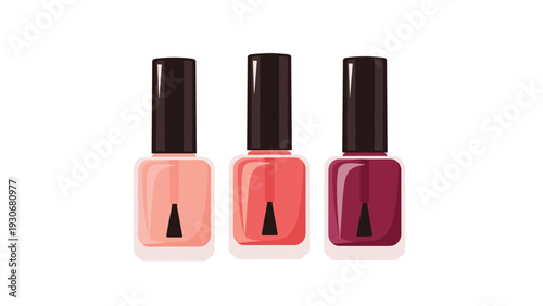 Three bottles of nail polish in different shades of pink and purple arranged in a row against a clean white background for beauty.