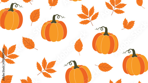 Seasonal autumn pattern featuring orange pumpkins and various falling autumn leaves in yellow and orange colors on a white background.