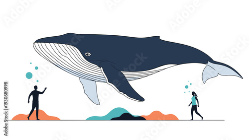 Illustration of a massive blue whale swimming in the ocean with two small human divers and colorful seabed plants in the background.