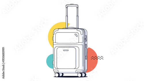 Illustration of a modern white hard-shell suitcase with wheels and a handle set against abstract colorful geometric shapes on white.