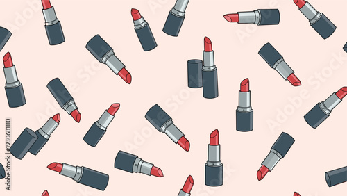 Seamless pattern featuring various shades of red and pink lipsticks on a soft peach background for beauty themes.