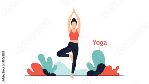 Flat vector illustration of a woman performing the yoga tree pose surrounded by abstract colorful plant shapes.