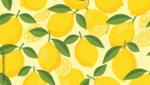 Cheerful seamless pattern featuring whole and sliced yellow lemons with green leaves on a soft yellow background.