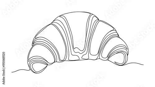 Elegant continuous one line drawing of a flaky croissant on a white background for bakery and cafe branding.