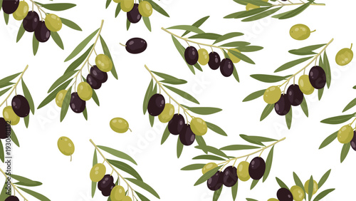 Seamless botanical pattern featuring branches with green and black olives on a clean white background.