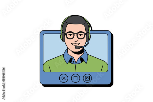 A cartoon man wearing a headset and glasses on a computer screen