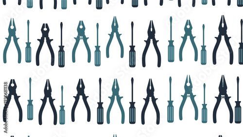 Seamless pattern of various hand tools including pliers and screwdrivers in shades of blue on a white background.
