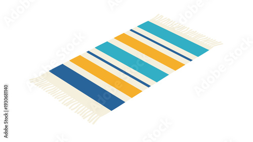 Isometric view of a beach towel with blue, yellow, and cream stripes isolated on a white background.