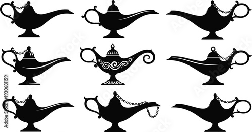 Magic genie lamp silhouettes vector set with Aladdin style fantasy oil lamps illustration collection