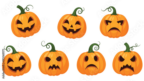 Set of seven orange jack o lanterns with various spooky and funny carved faces for Halloween decorations.
