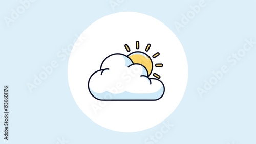 Weather icon showing a yellow sun partially hidden behind a white fluffy cloud on a light blue background.