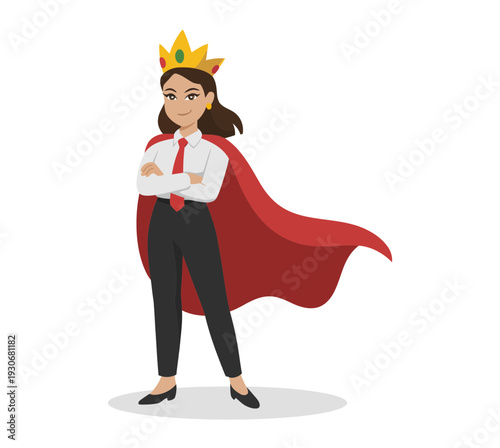 A confident businesswoman wearing a crown and cape standing heroically in a modern office setting