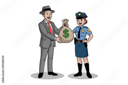 A cartoon illustration of a businessman handing a money bag to a police officer, symbolizing corruption or bribery.