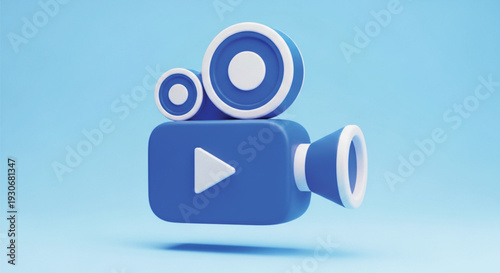 Stylized 3d rendered video camera icon with play button on a vibrant blue background representing multimedia and film industry