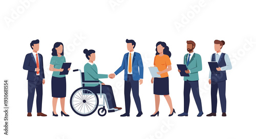 Diverse Business Team with Disabled Woman in Wheelchair Shaking Hands with Colleague. Vector Illustrations. EPS Editable