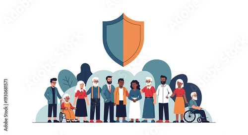 Diverse Community Protected by Shield Symbolizing Social Security and Inclusion. Vector Illustrations. EPS Editable