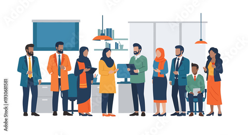 Diverse group of business professionals in a modern office setting. Vector Illustrations. EPS Editable
