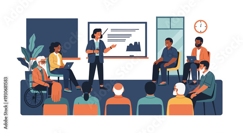 Diverse group of people attending a business presentation in a modern conference room. Vector Illustrations. EPS Editable