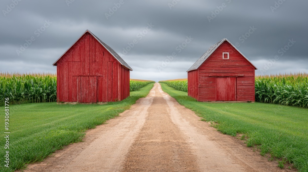 Obraz premium Two Red Barns Aligned in Agricultural Setting with Green Fields and Cloudy Sky