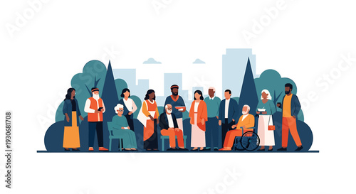 Diverse group of people standing together in a city park representing community and inclusion. Vector Illustrations. EPS Editable