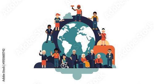 Diverse group of people surrounding a globe symbolizing global community and unity. Vector Illustrations. EPS Editable
