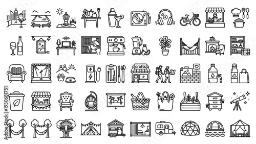 Vintage Lifestyle Leisure and Home Decor Icon Set for Retro Lifestyle App UI Web Design