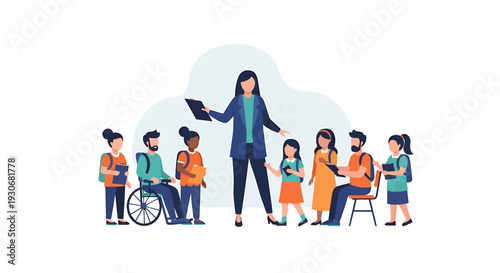 Diverse Group of Students and Teacher in a Classroom Setting. Vector Illustrations. EPS Editable