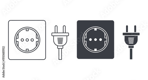 Four electrical outlet and plug icons in line art silhouette