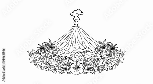 Volcano erupts amid lush tropical foliage and palm trees