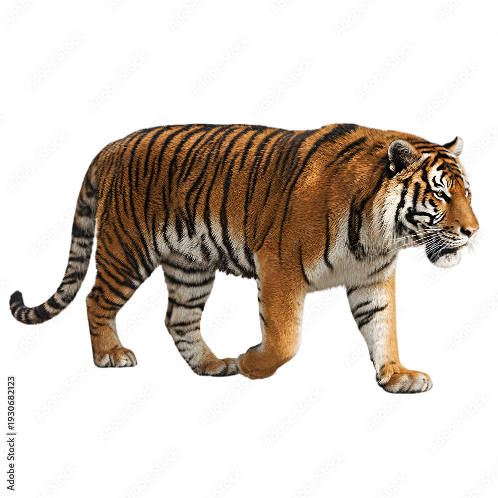 Fototapeta premium Large orange tiger with black stripes and white underbelly walking to the right with its head facing forward and tail curled behind it in a slow and deliberate stride.