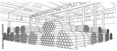 Warehouse interior filled with neatly stacked cylindrical pipes