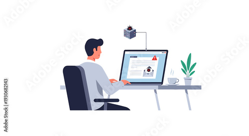 Man working on laptop with security camera monitoring his activity. Vector Illustrations. EPS Editable