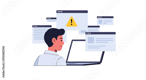 Man working on laptop with multiple error popup windows. Vector Illustrations. EPS Editable