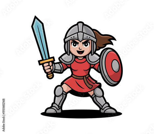 A cartoon female warrior in armor holding a sword and shield in a powerful stance