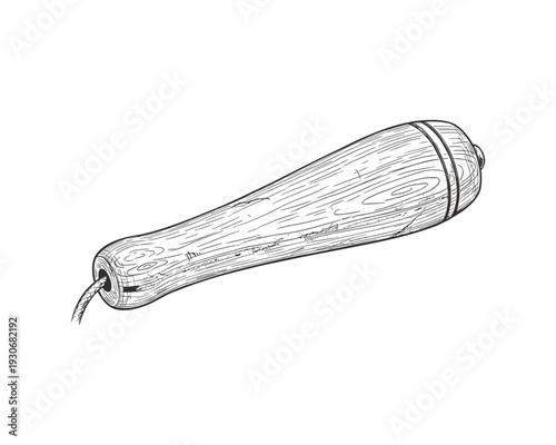 Wooden jump rope handle vector drawing with realistic grain texture and cord end