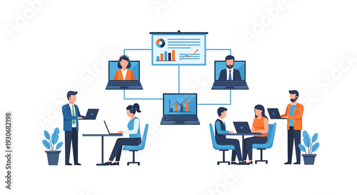 Remote Team Collaboration and Online Meeting Concept 1. Vector Illustrations. EPS Editable