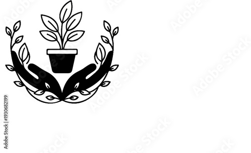 Two hands cradling a potted plant surrounded by leaves and vines