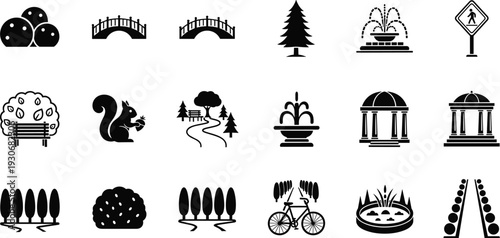 Park landscape silhouette icons vector set with trees fountain gazebo and outdoor elements collection