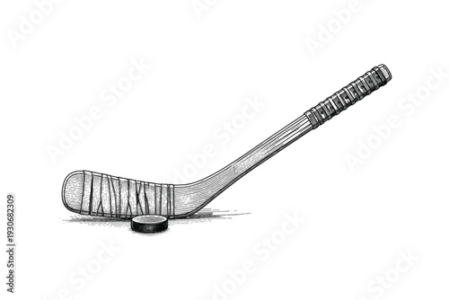 Hockey stick and puck vector sketch illustration for professional winter sports