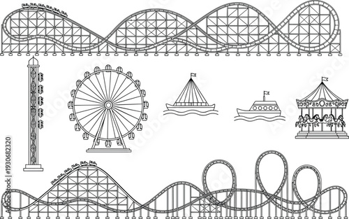 Amusement park rides outline vector set with roller coaster ferris wheel and carnival attractions