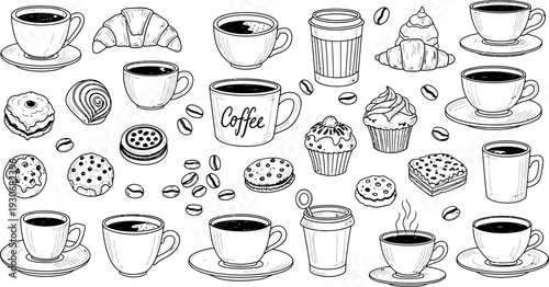 A collection of coffee cups and various sweet baked goods illustrations