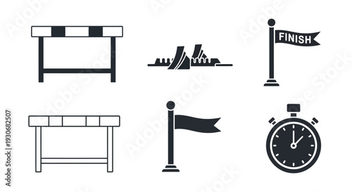 Athletic event icons depicting hurdles flags and a stopwatch silhouette