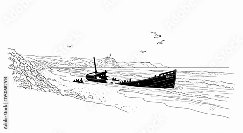 Two shipwrecks litter a sandy beach with a distant lighthouse and seagulls overhead