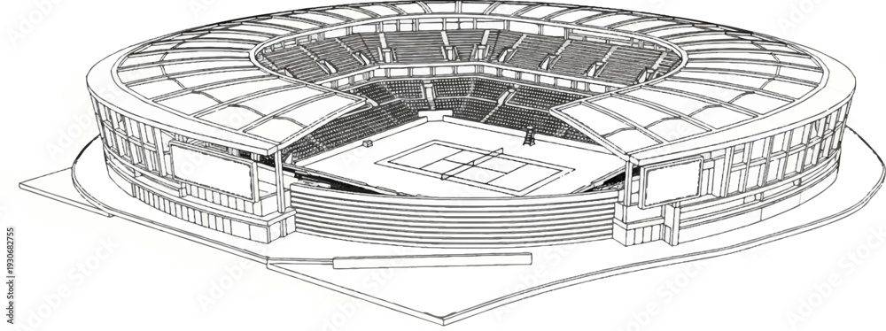 Obraz premium Wireframe sketch of a large, open-air tennis stadium with tiered seating
