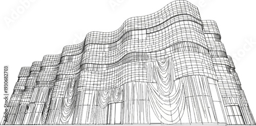 Wireframe rendering of a modern, flowing building with undulating facade