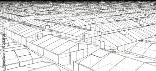 Wireframe rendering of many identical glass greenhouses stretching into the distance