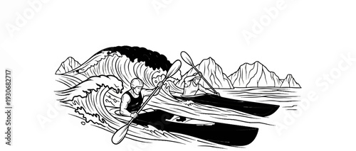 Two kayakers navigate choppy waters and large waves near mountainous islands