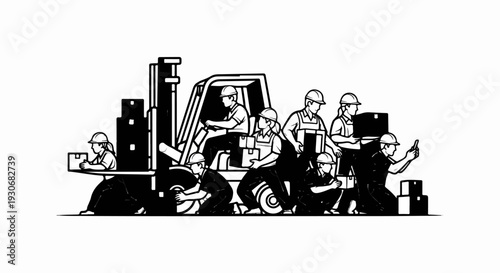 Warehouse workers in hard hats move boxes with a forklift