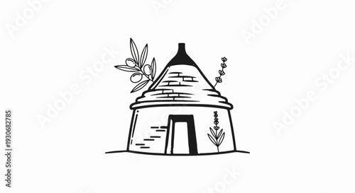 Traditional conic roof dwelling with olives and lavender