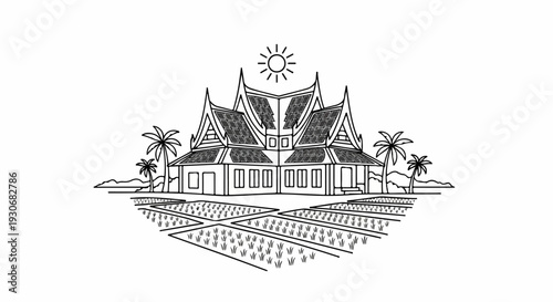 Traditional house with solar panels sits amidst rice paddies under the sun